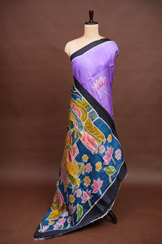 Purely Handpainted Batik Floral On Pure Tussar Silk Saree - Lavender|Silk Mark Certified
