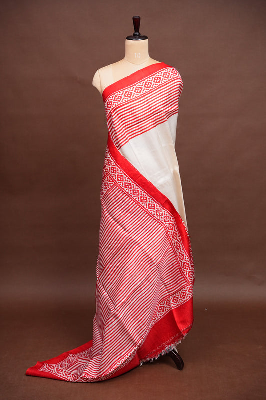Purely Handpainted Classic On Pure Tussar Silk Saree - White & Red|Silk Mark Certified