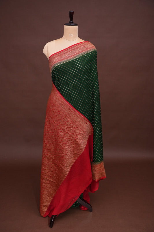 Pure Khadi Georgette Banarasi Saree β Bottle Green & Red