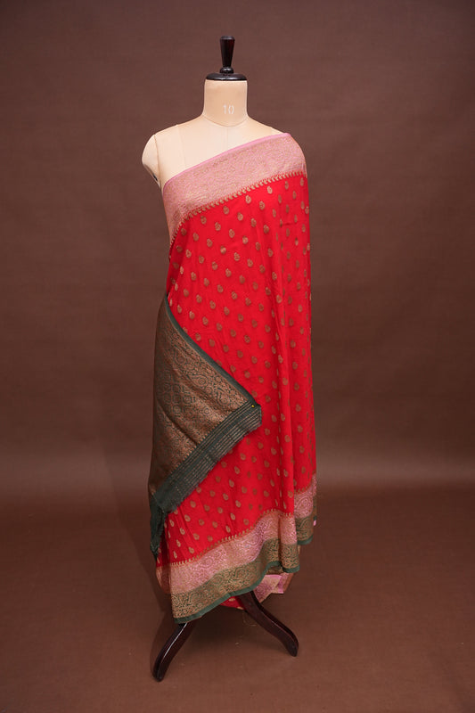 Banarasi Crepe Silk Georgette Saree β Red with Baby Pink