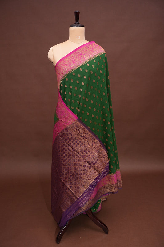 Banarasi Crepe Silk Georgette Saree β Bottle Green with Pink