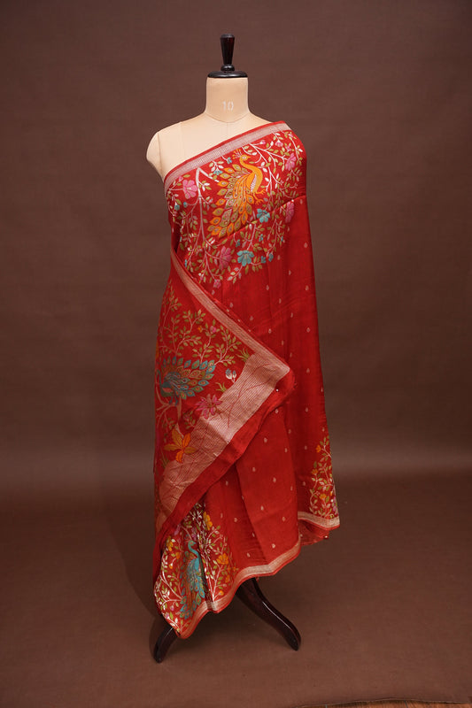 Tussar Banarasi Raw Silk Saree with Floral Paithani Weaves β Rust Orange