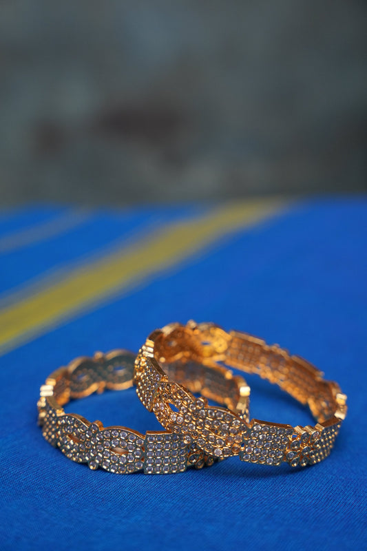 Antique Gold Plated Premium White Stone Studded Bangle Jewellery - Set of 2