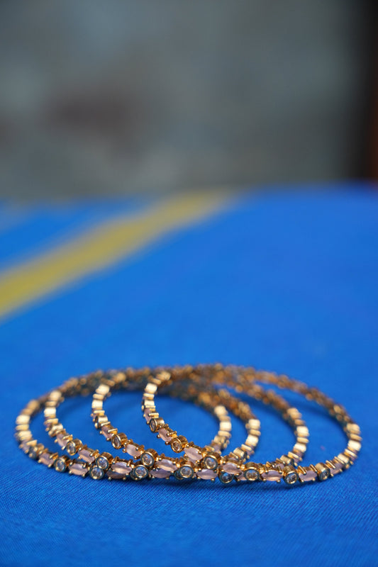 Premium Antique Gold-Plated Kundan Bangles Set – White Kundan & Blush Pink AD Stones