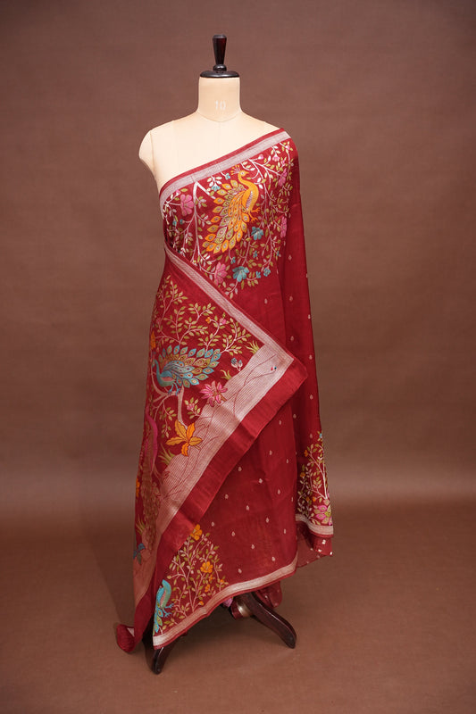 Tussar Banarasi Raw Silk Saree with Floral Paithani Weaves β Maroon