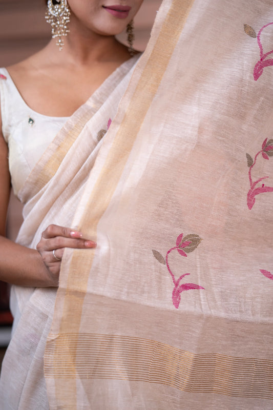 Tissue Linen Saree with Tassles - Half White