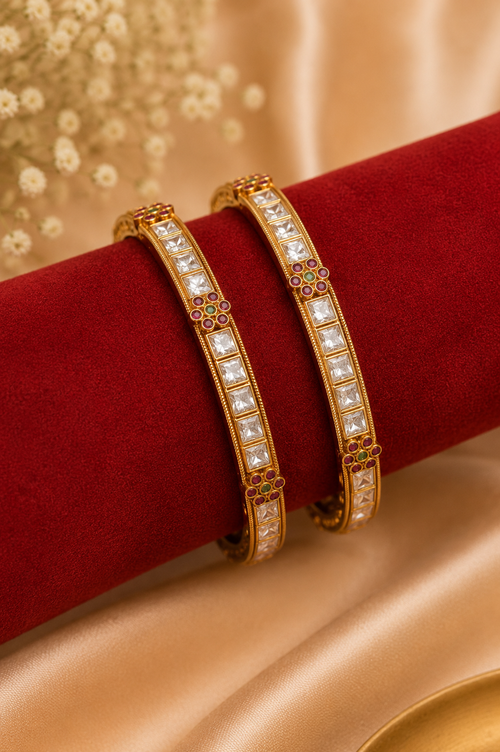 Antique White Stone Bangles โ Set of 2 with Emerald Detailing