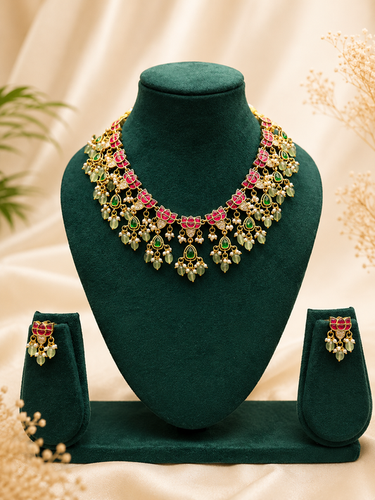 Statement Antique Elegant Jadau Necklace Set with Lotus Motifs