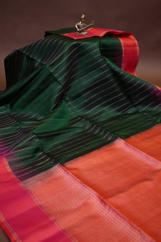 Pure Soft Silk Saree - Deep Emerald Green with Pink