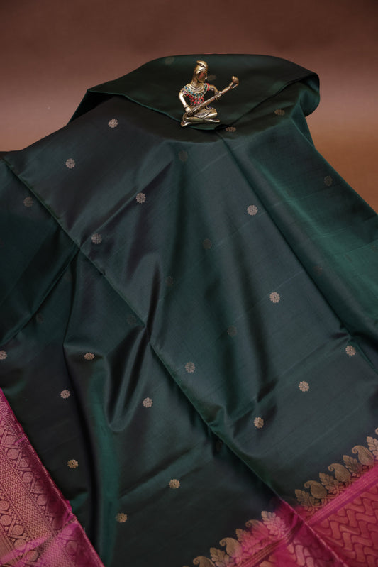 Pure Soft Silk Saree - Deep Bottle Green with Pink
