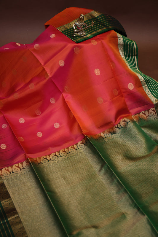 Pure Soft Silk Saree - Pink and Orange with Deep Green