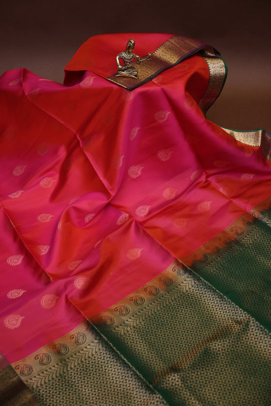 Pure Soft Silk Saree - Rich Pink with Deep Green
