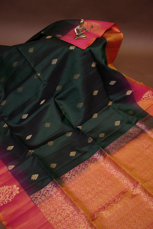 Pure Soft Silk Saree - Bottle Green & Orange