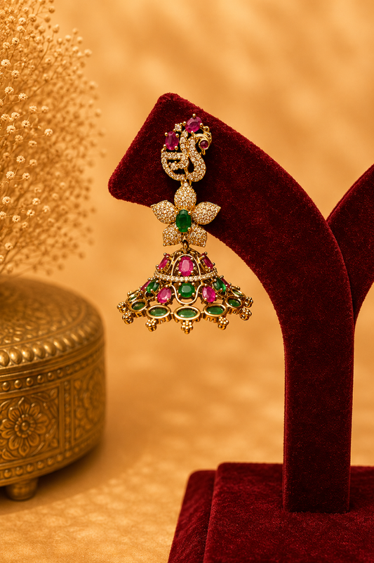Antique Zircon Jhumka Earrings with Ruby Pink & Emerald Green Stones