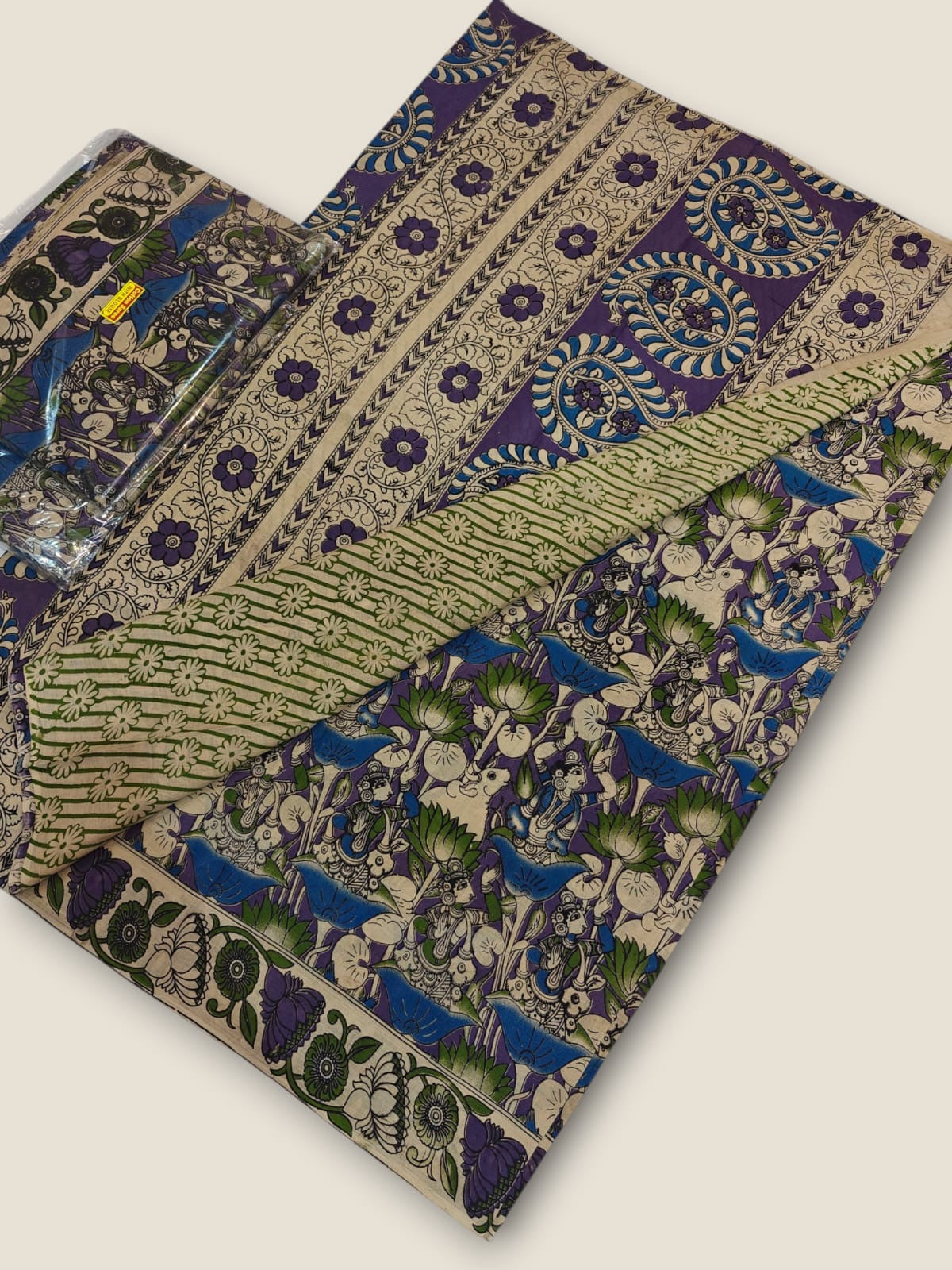 Pure Cotton Saree with Digital Kalamkari Prints – Royal Purple & Blue