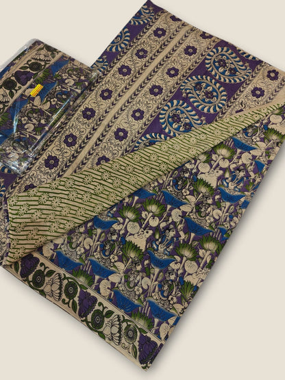 Pure Cotton Saree with Digital Kalamkari Prints – Royal Purple & Blue