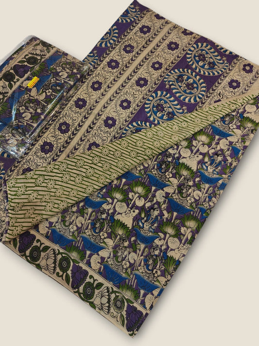 Pure Cotton Saree with Digital Kalamkari Prints – Royal Purple & Blue