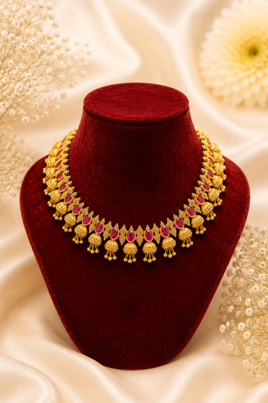 Antique Gold-Plated Choker Necklace Set with Ruby Stone Detailing & Gold Bead Hangings