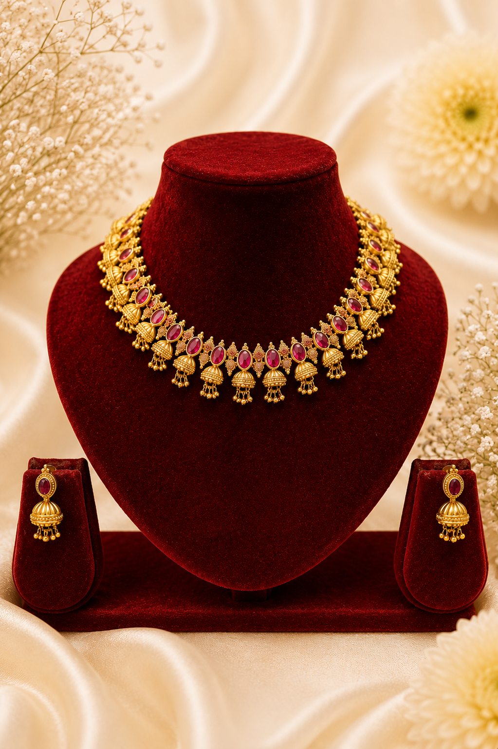 Antique Gold-Plated Choker Necklace Set with Ruby Stone Detailing & Gold Bead Hangings