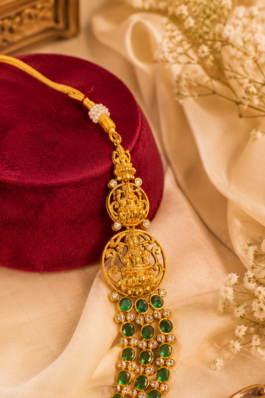 Antique Gold-Plated Temple Layered Haaram Set with Emerald Detailing