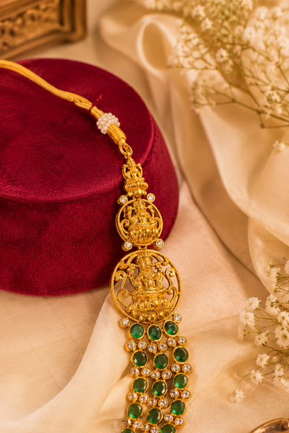 Antique Gold-Plated Temple Layered Haaram Set with Emerald Detailing