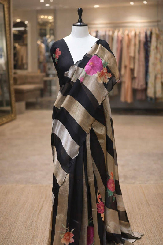 Pure Tissue Organza Silk Saree with Digital Floral Print-Black with Champagne Gold & Silver Tissue Stripes
