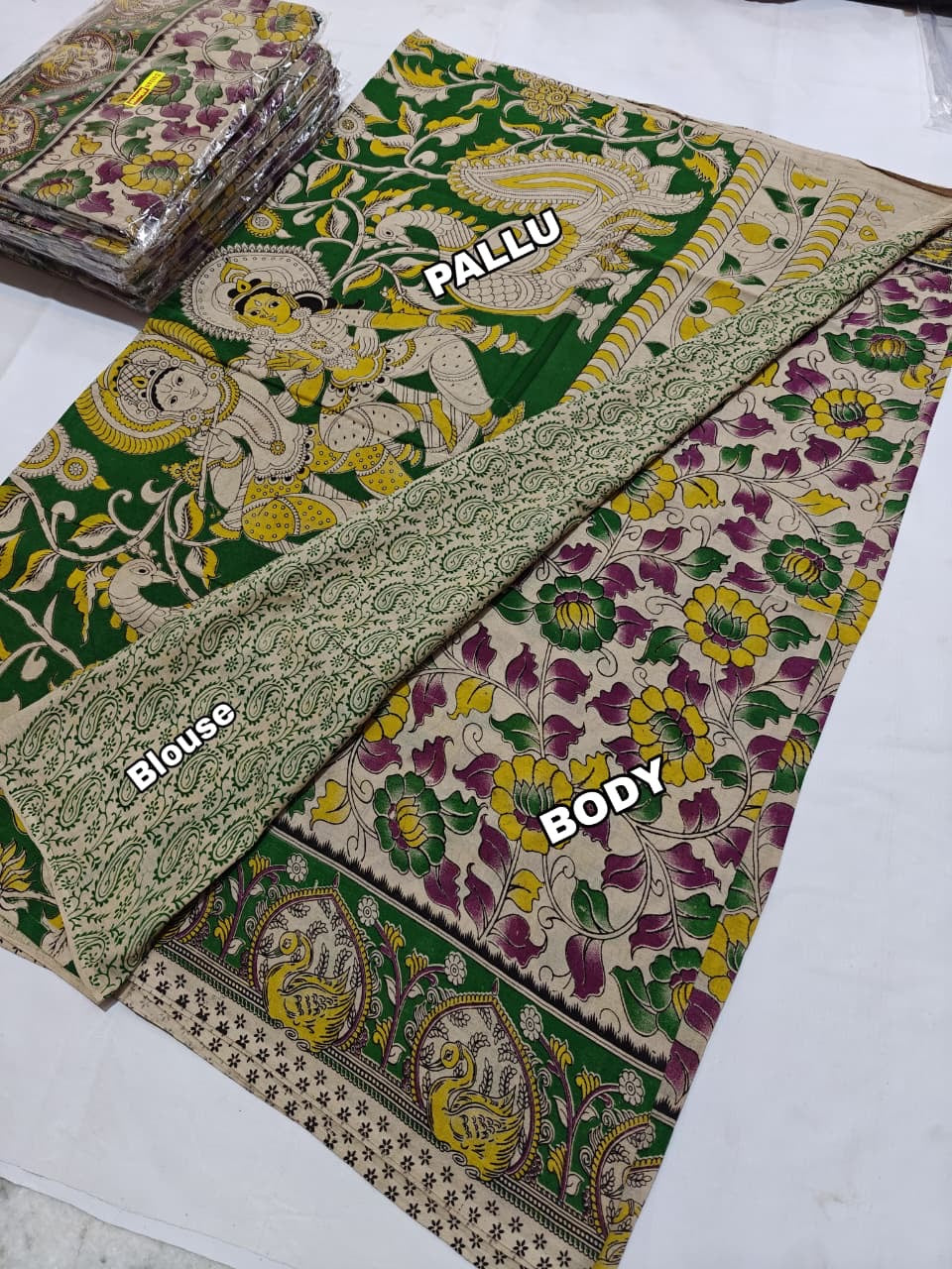 Pure Cotton Saree with Digital Kalamkari Prints – Ivory, Green & Mustard Yellow