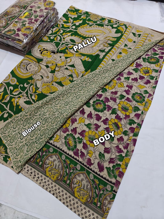Pure Cotton Saree with Digital Kalamkari Prints – Ivory, Green & Mustard Yellow