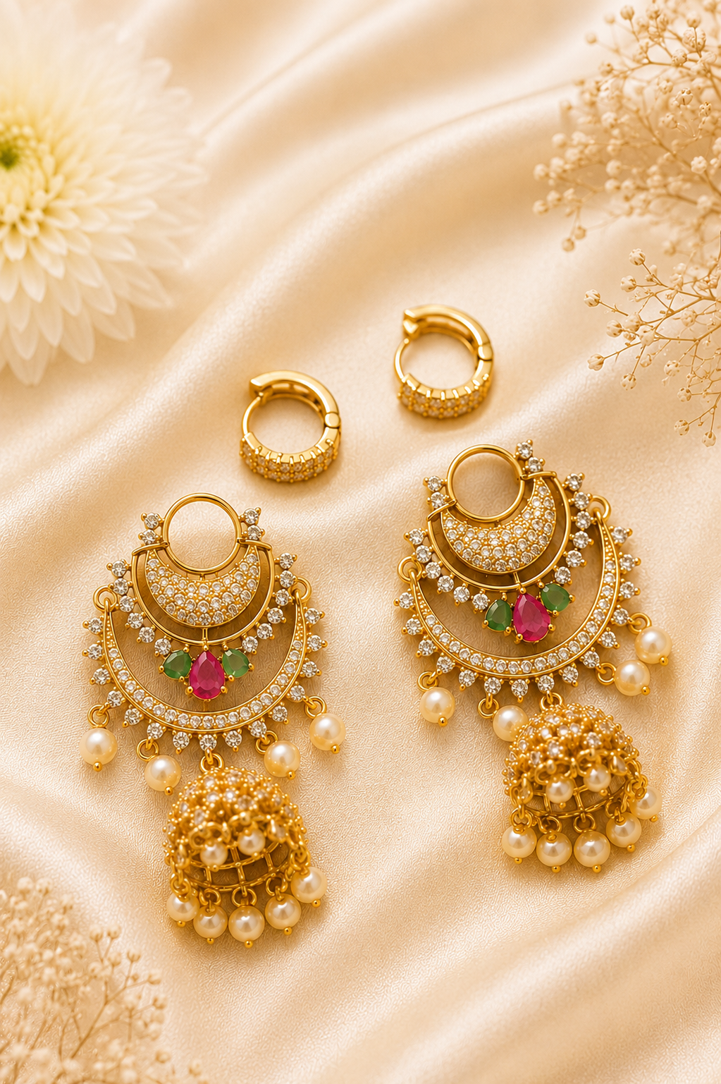 Combination Stud & Zircon Jhumka Earrings with Pearl Hangings