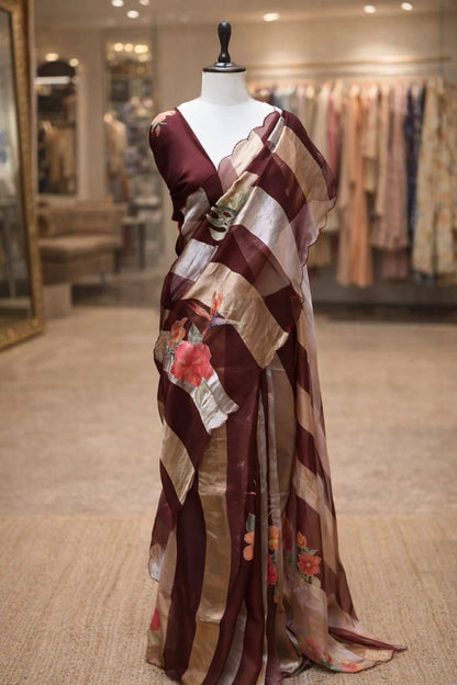 Pure Tissue Organza Silk Saree with Digital Floral Print-Wine Brown, Antique Gold & Silver
