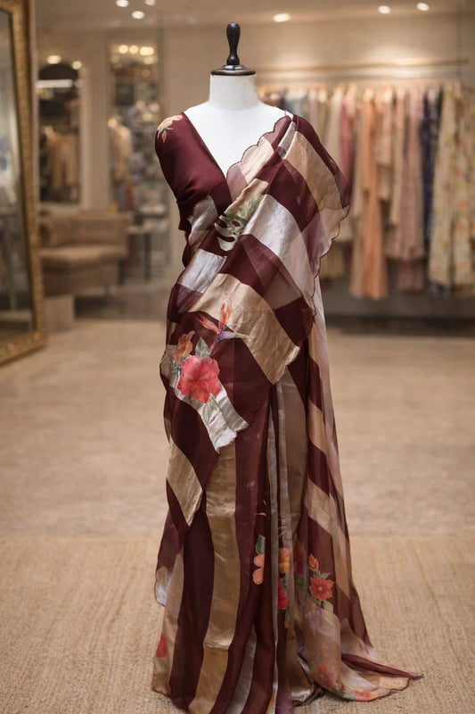 Pure Tissue Organza Silk Saree with Digital Floral Print-Wine Brown, Antique Gold & Silver