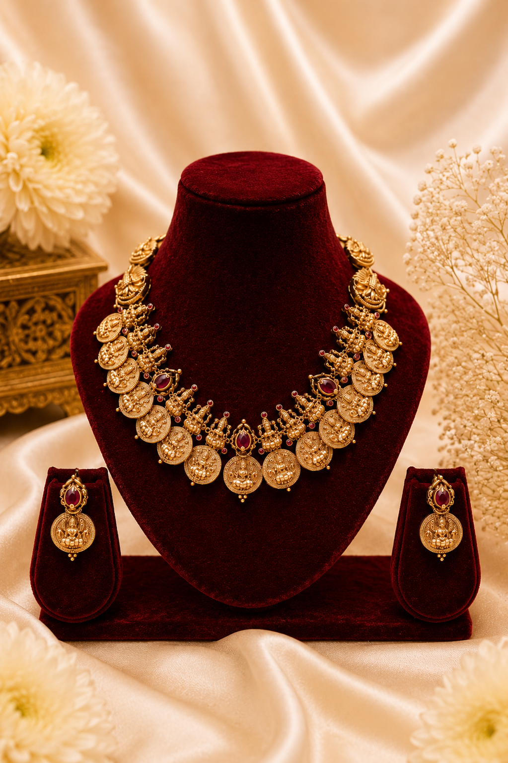 Antique Gold-Plated Lakshmi Coin Mala Choker Necklace Set with Ruby Accents