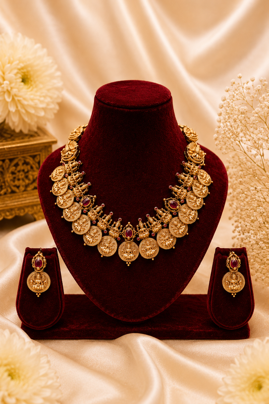 Antique Gold-Plated Lakshmi Coin Mala Choker Necklace Set with Ruby Accents