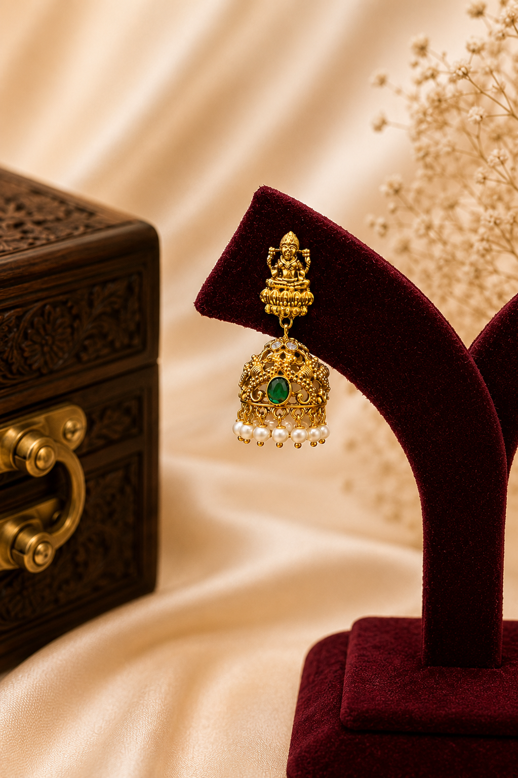 Antique Gold-Plated Temple Layered Haaram Set with Emerald Detailing