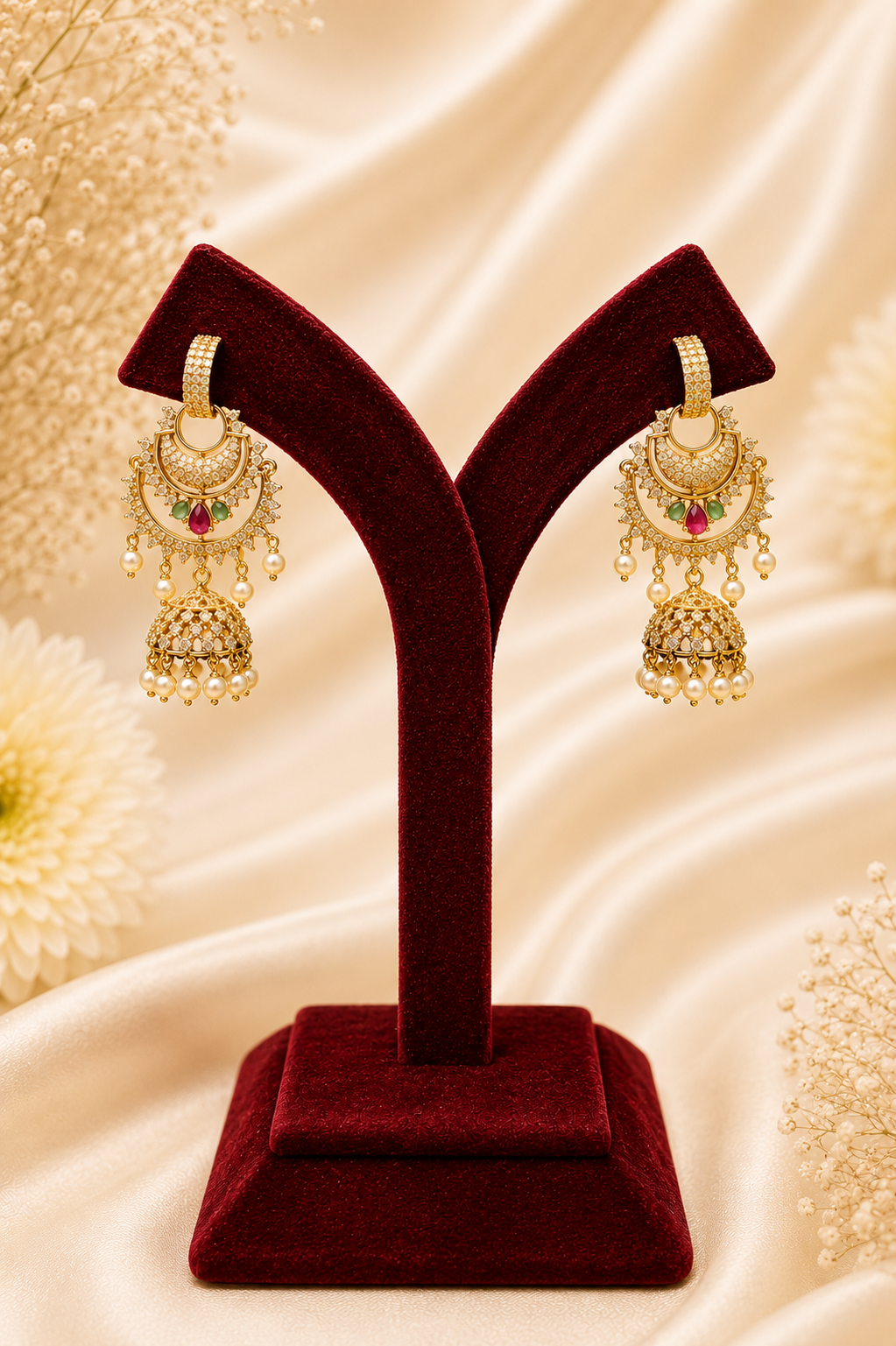 Combination Stud & Zircon Jhumka Earrings with Pearl Hangings