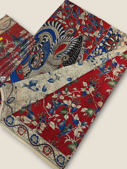 Pure Cotton Saree with Digital Kalamkari Prints – Maroon & Royal Blue