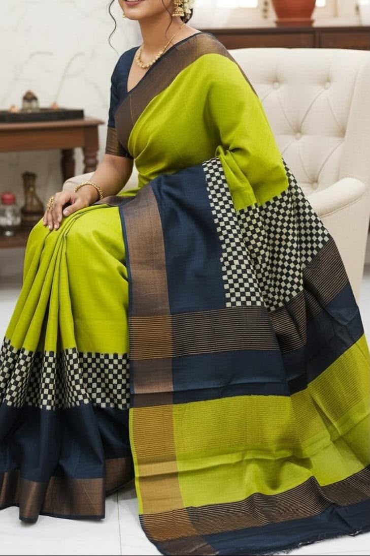 Pure Tussar Silk Saree with Traditional Block Prints – Lime Green & Navy Blue | Silk Mark Certified