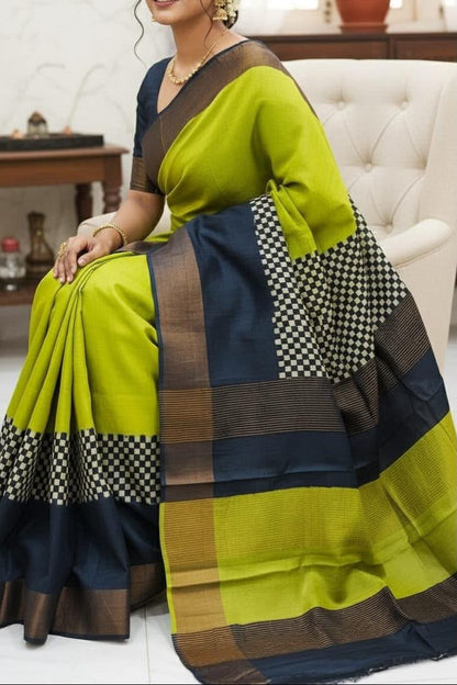 Pure Tussar Silk Saree with Traditional Block Prints – Lime Green & Navy Blue | Silk Mark Certified