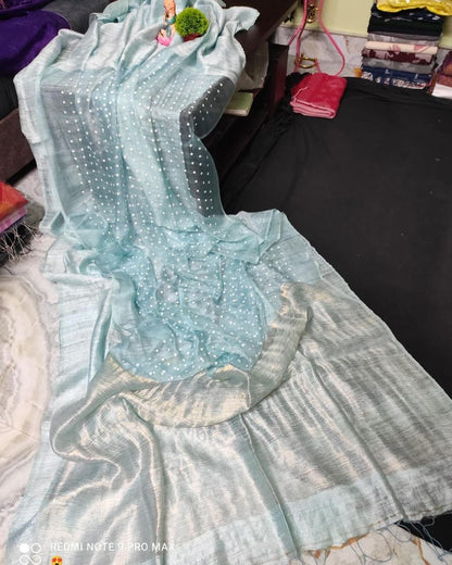 Ice Blue Pure Muslin Matka Silk Saree|Silk Mark Certified