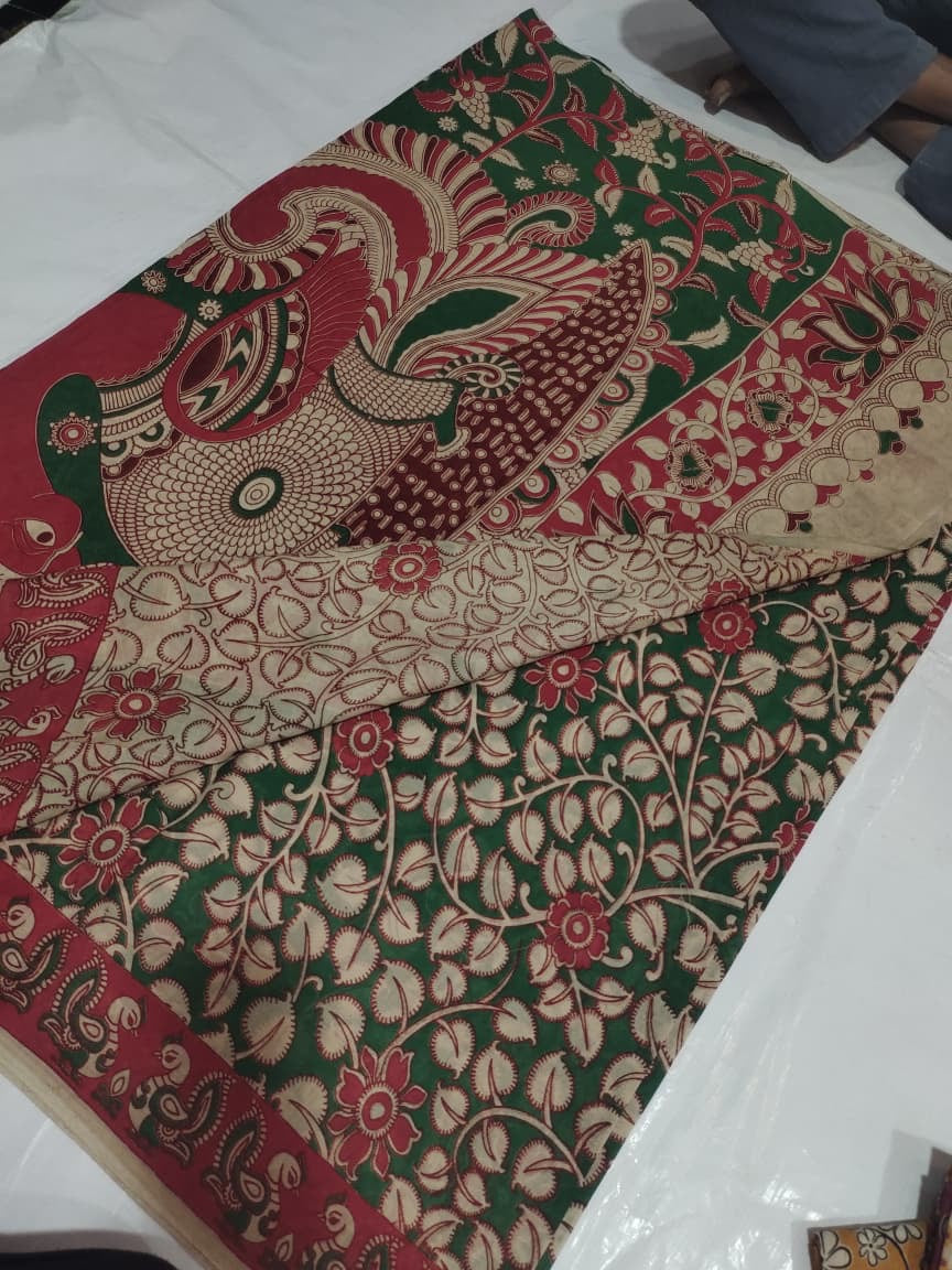 Pure Cotton Saree with Digital Kalamkari Prints – Maroon & Royal Blue