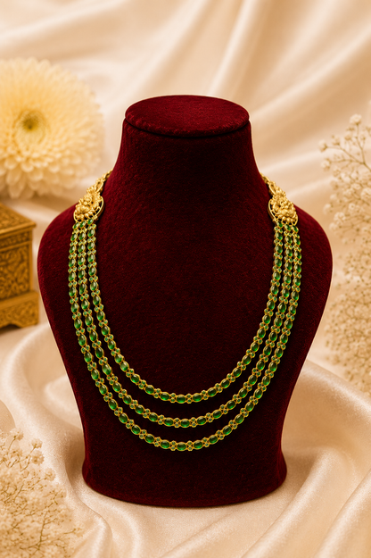 Antique Gold-Plated Temple Layered Haaram Set with Emerald Detailing