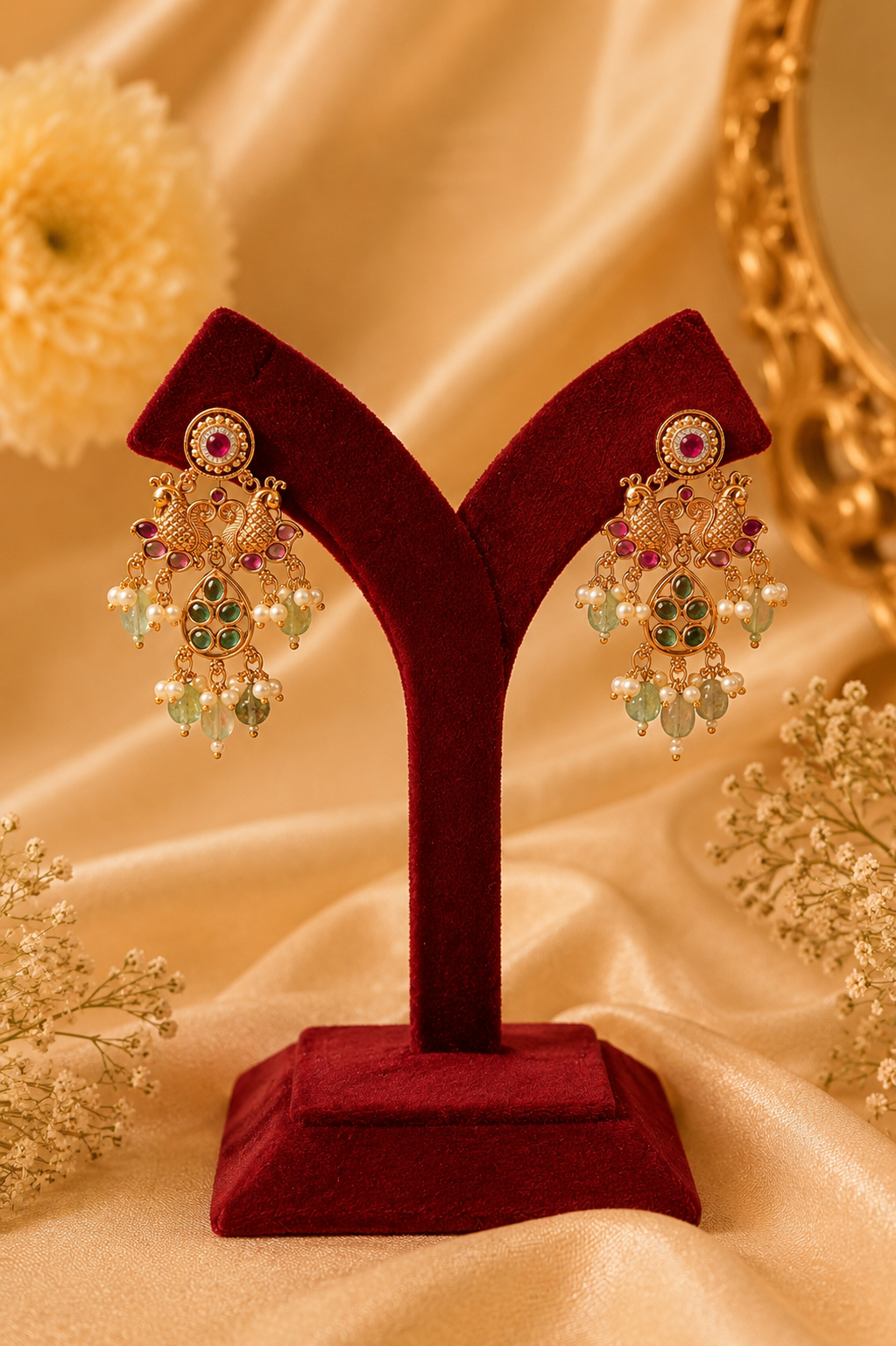 Antique Gold-Plated Temple Long Necklace Set with Mint Green Stones
