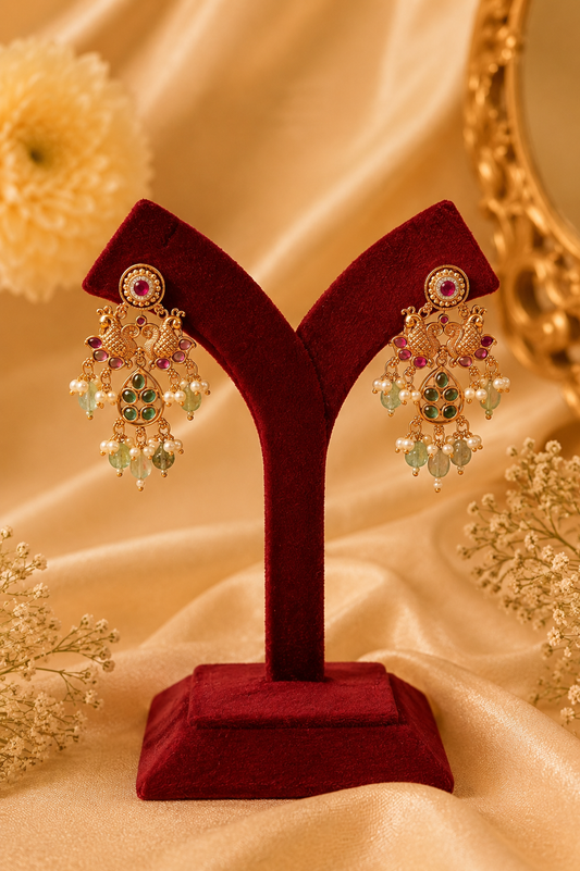 Antique Gold-Plated Temple Long Necklace Set with Mint Green Stones