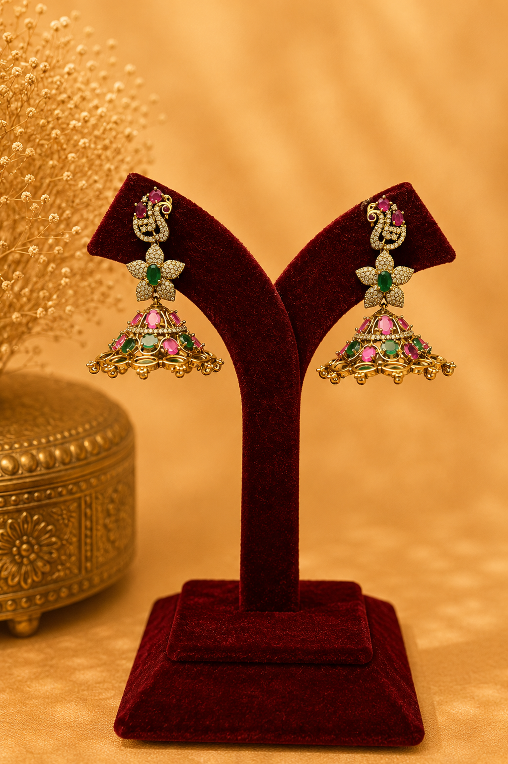 Antique Zircon Jhumka Earrings with Ruby Pink & Emerald Green Stones