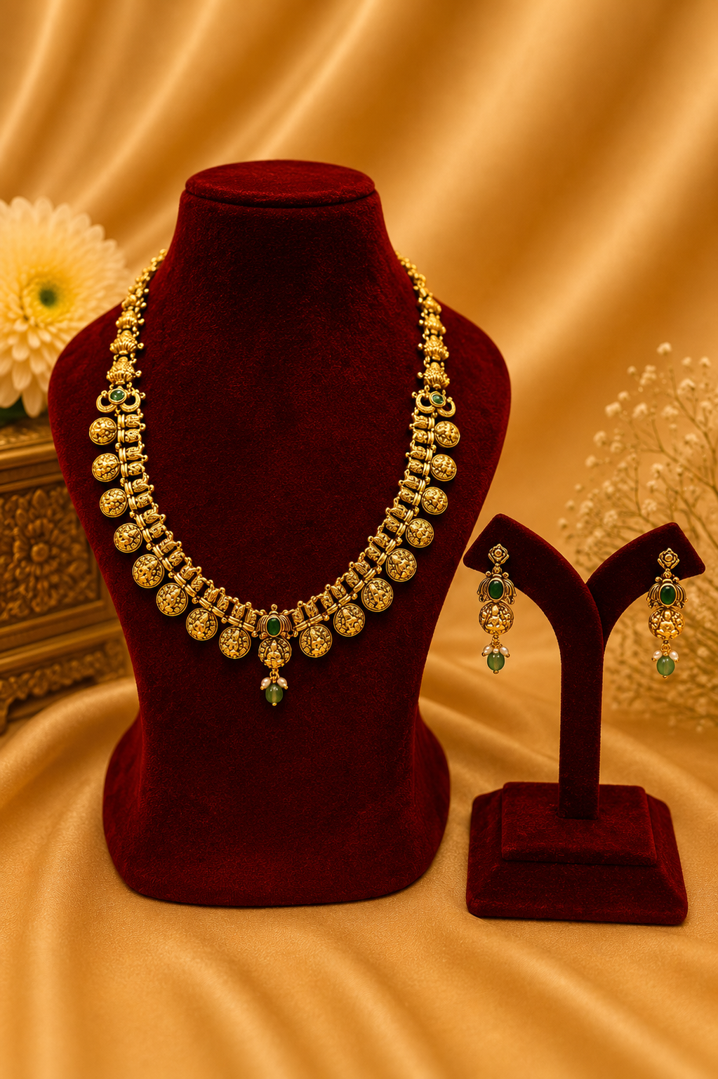 Antique Gold-Plated Coin Necklace Set with Emerald Detailing