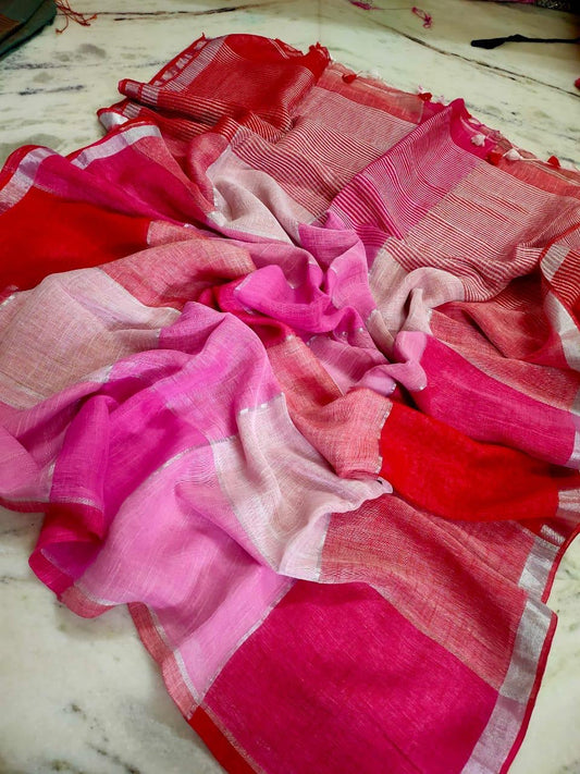 Pink & White Linen Cotton Checked Saree with Silver Zari Border