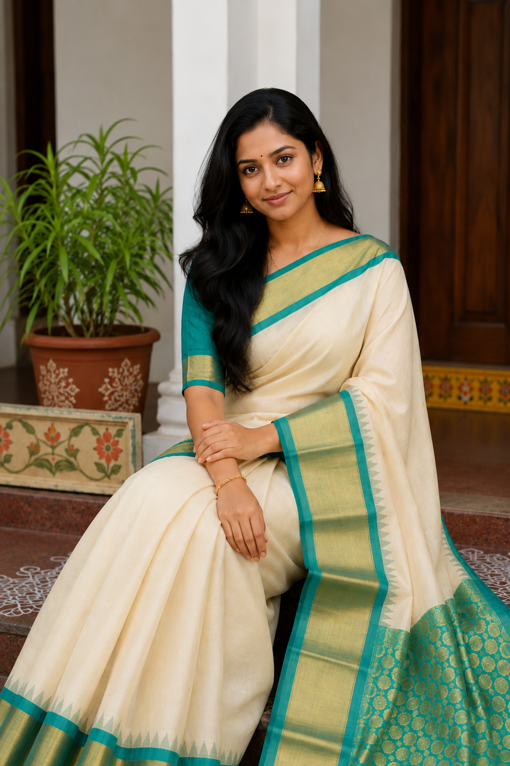 Pure Kuppadam Korvai Silk Cotton Pattu Saree-Ivory and Turquoise Green
