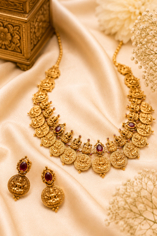 Antique Gold-Plated Lakshmi Coin Mala Choker Necklace Set with Ruby Accents