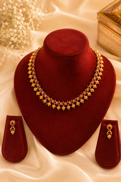 Antique Gold-Plated Sleek Necklace Set with Ruby Stone Detailing