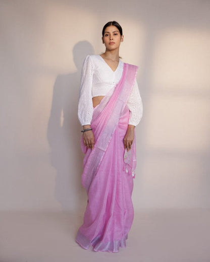 Pure Linen Saree – Soft Baby Pink with Silver Zari Stripes